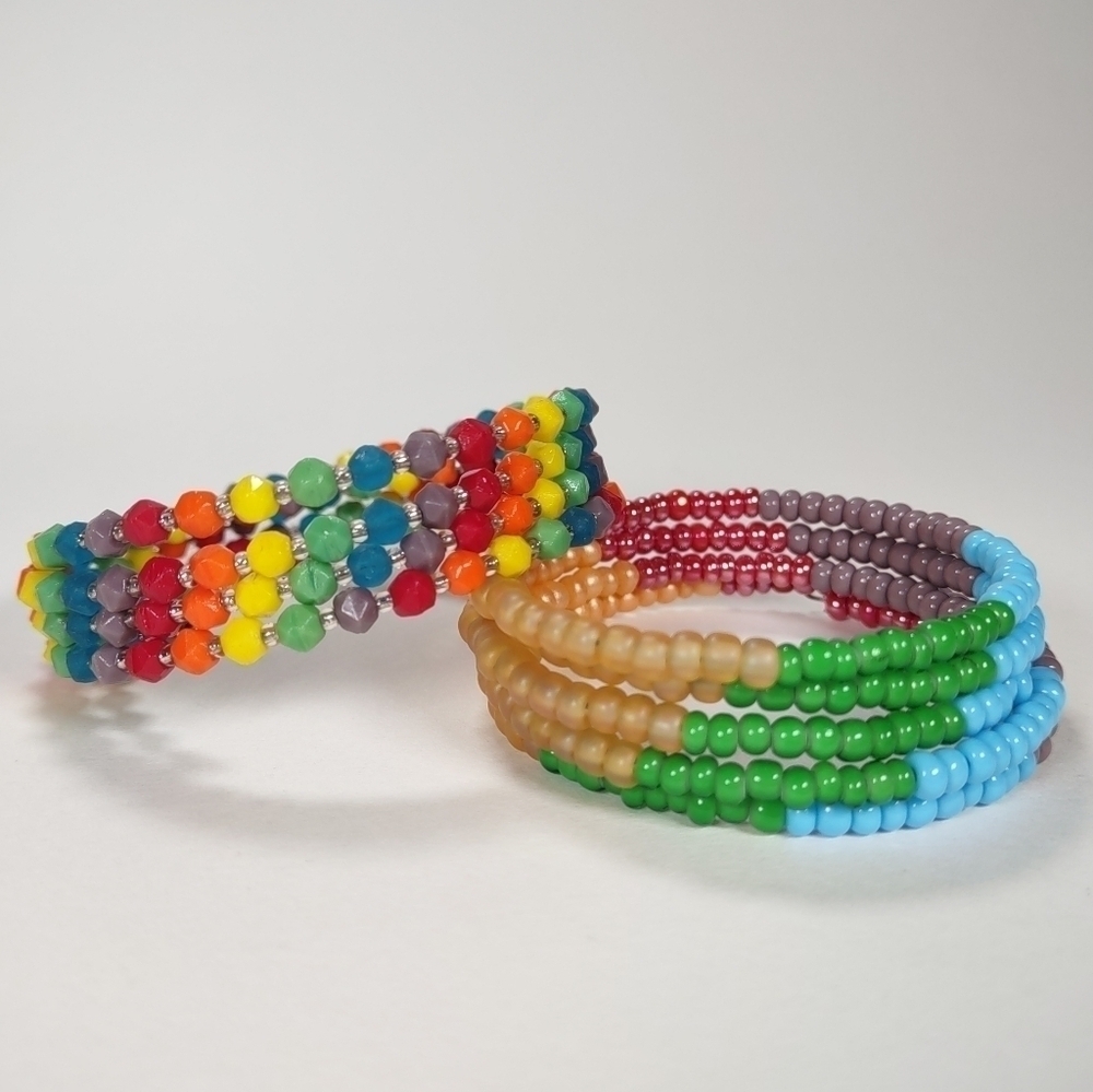2 Vintage Colorful Rainbow Memory Wire Bracelets